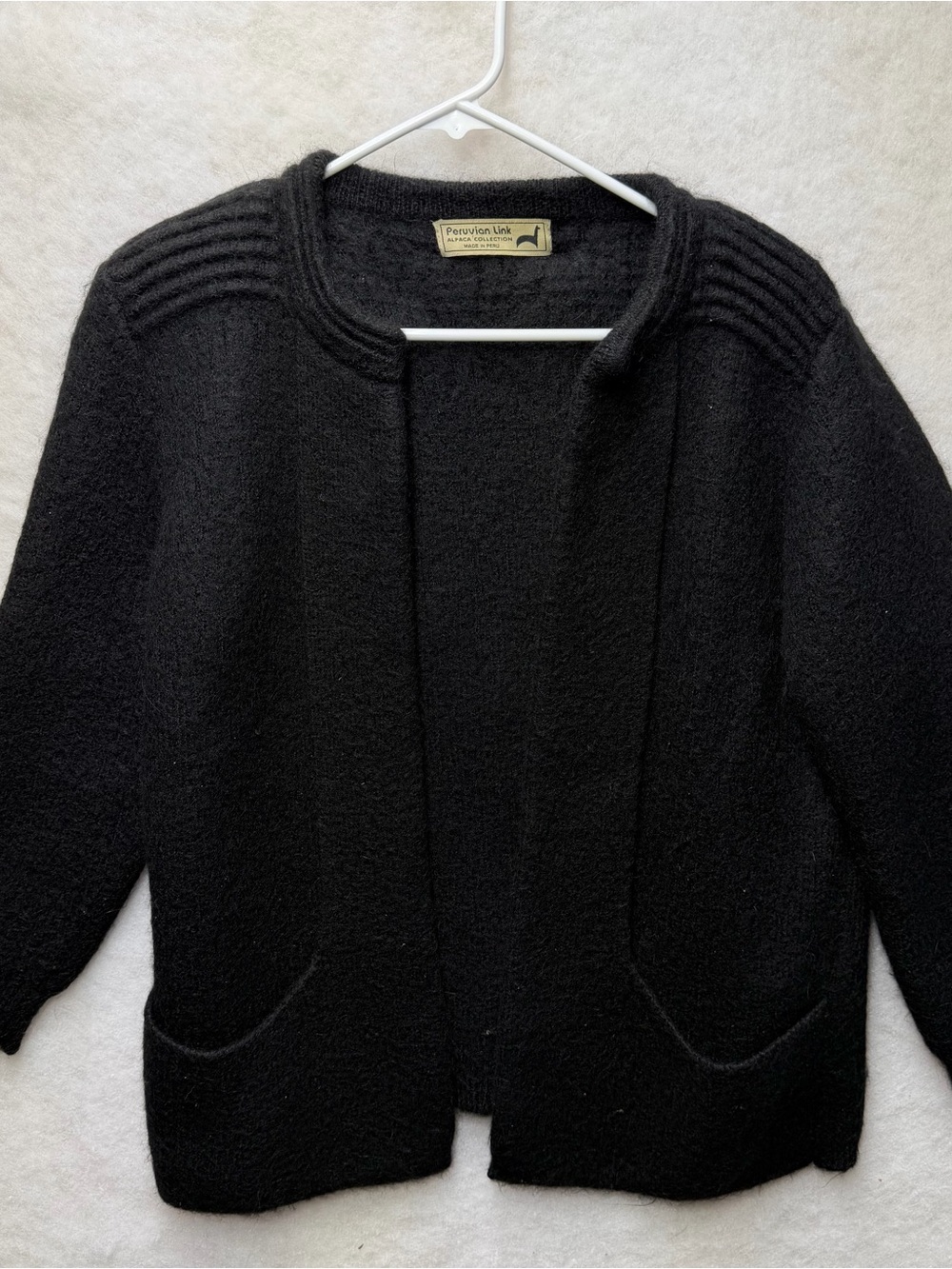 VTG Peruvian Link Alpaca Cardigan Knit Open Front Pockets Black S Cozy Lagenlook